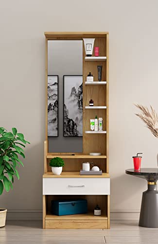 Image of Bniture Wooden Dressing Table for Bedroom with 1 Drawer, Mirror and Huge Storage Space | Long Dresser Vanity Table with Mirror (42D x 60W x 180H CM) | 1 Year Warranty (Giant Wood & Frosty White)
