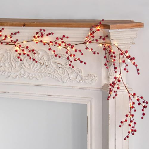 EAMBRITE Christmas Decorations 1.8m 88 LEDs Red Frosted Holly Berry Garland with Warm White Light Waterproof Vine with Lights for Indoor Outdoor Home Garden Party Decoration