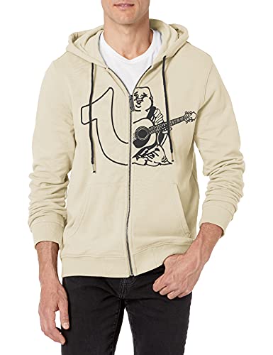 True Religion mens Large Branded Long Sleeve Zip Up Hoodie, Bone