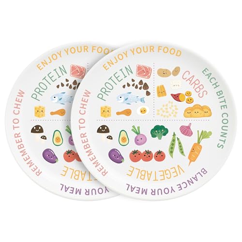 Viynran 10 Inch Portion Control Plate for Adults - Cute Melamine Dinner Plate with Colorful Food Illustrations for Balanced Meals and Mindful Eating (2 Pack)