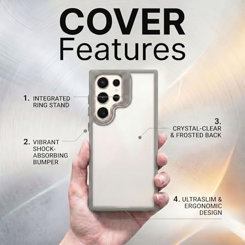Image of amazon basics Frosted Matte Case for Samsung Galaxy S24 Ultra 5G | Built-in Flip-Out Camera Lens Stand | Translucent Back with Contrast Gray Bumper | Shockproof Protective Cover