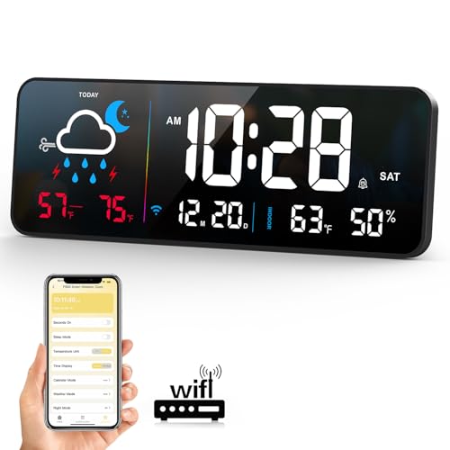 Digital Wall Clock Digital Clock Large Display with Network Auto-Synced Corded Smart LED Alarm Clocks Real-Time Shows Weather Indoor/Outdoor Temp Humidity for Living Room Bedroom Classroom Office