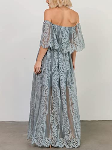 Image of HOYISHION Women's Off The Shoulder Floral Lace Maxi Dress White Bridesmaid Wedding Party Maternity Photoshoot Long Dresses