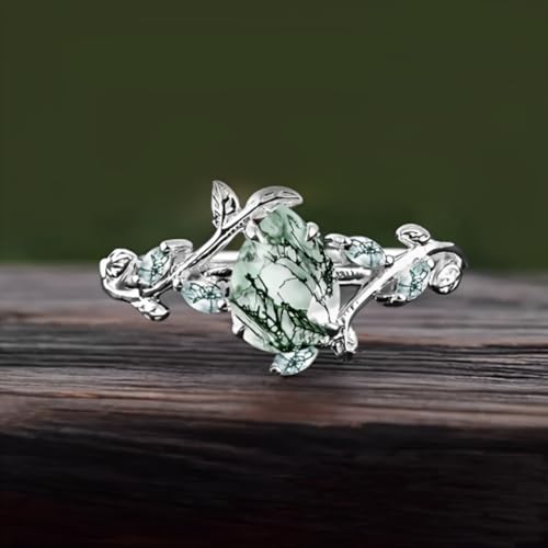 2 Carats Women Moss Agate Teardrop Ring Sterling Silver Natural Moss Agate with Leaf for Women Engagement Ring Wedding Promise Jewelry2