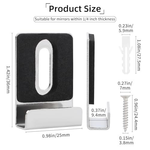 Image of 8 Pcs Metal Mirror Holders, Mirror Clips with Screws, Rubber Pads Mirror Hooks, Heavy Duty Stainless Steel Mirror Hangers Hardware for Frameless Mounting Wall Tile Billboard Display (Silver)