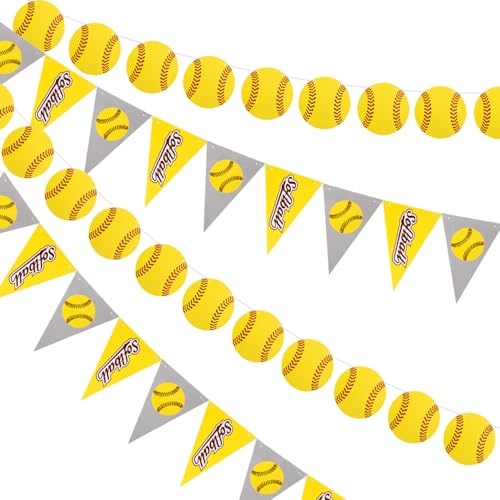 4pcs Softball Party Banner Decorations, Pennant Bunting Hanging Banners for Softball Birthday Party, Paper Garlands Supplies for Sports Club Photo Prop