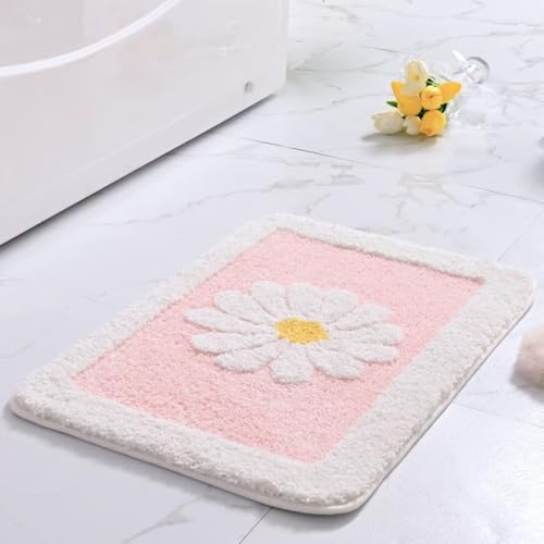 Dorruger Fluffy Soft Superfine Fiber Bath Rugs, White Flower - Non Slip, Machine Wash, Plush Mat for Bathroom & Shower Room (16" 24", Pink)