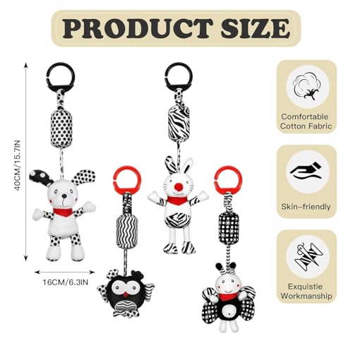 Image of Hanging Baby Toys Hanging Rattle Toys for Baby 3 6 9 to 12 Months Crib Car Seats Stroller Toys Plush Animal Squeaky Sensory Toys for Newborn, Dog, Rabbit, Bee, Owl (Pack of 4)
