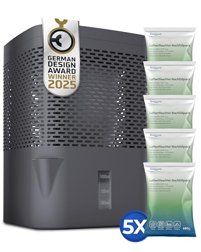 BonAura® Luftentfeuchter ohne Strom bis 23m² I 360° Belüftung I Raumentfeuchter mit Ausgießer & 5 x 680g Luftentfeuchter Granulat I Schimmel- und...