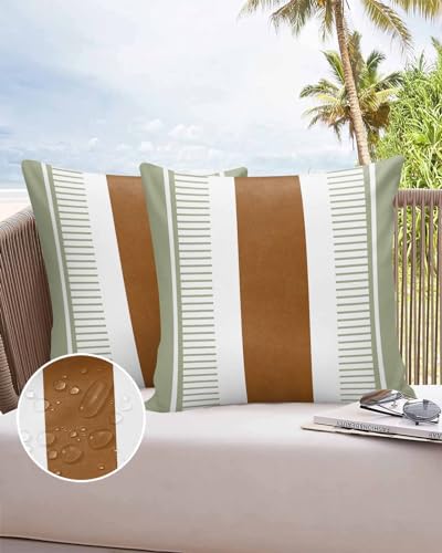 OComster Outdoor Pillow Covers Waterproof, Sage Green Stripes Throw Pillowcase Decorative Cover, Farmhouse Vintage Stripes Brown Garden Cushion Case Set of 2 for Sofa, Couch, Tent, Patio 20