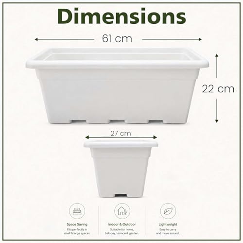 Image of Go Hooked Jupiter Window Planter Pot Pack of 12 | 24 Inch White Plastic Rectangular Plant Pot for Indoor Outdoor Gardening Balcony Terrace Decor | Large Decorative Flower Container L61 x W27 x H22 Cm