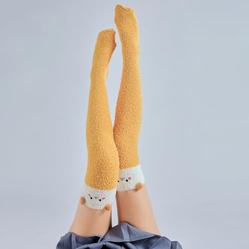 Image of Thigh High Fuzzy Socks Cute Animal Coral Fleece Over the Knee Thigh High Long Stockings Warm Stripe