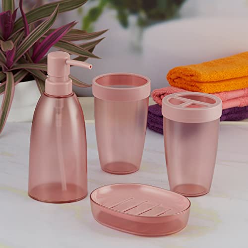 Image of Kookee Acrylic Bathroom Set - Stylish 4 Piece Bath Accessories Kit with Soap Dispenser, Toothbrush Holder, Tumbler & Soap Dish - Modern & Designer Decor for Home & Guest Bathrooms (8662)
