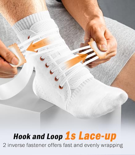 Image of Slim-Fit Ankle Brace for Sprained Ankle, Quick Lace Up Ankle Support for Women Men with 2 Auto-Shaped Pads, Air Fabric Cool Ankle Stabilizer for Injury Recover, Running,Sports, White,L