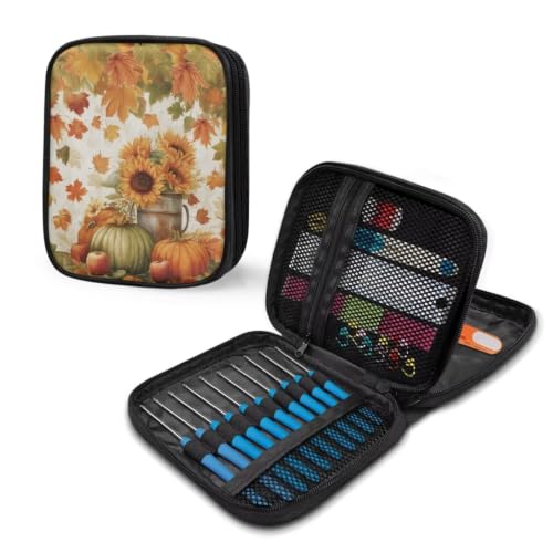 Image of Vanideaoty Pumpkin Crochet Hook Case Autumn Knitting Needle Storage | with Web Pockets for Home Park, Portable, Hand Washable, Autumn Gifts