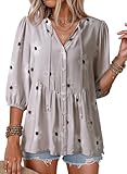 Dokotoo Spring Tops for Women V Neck Button Down Short Sleeve Tee Shirts Summer Boho Floral Women Blouses Casual Cozy Soft Babydoll Peplum Vacation Hawaiian Western Outfits Clothes 2026 Grey Large
