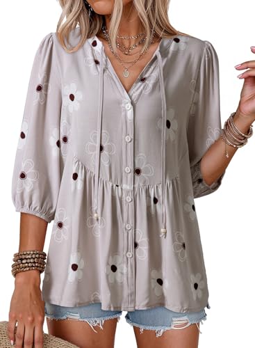 Dokotoo Spring Tops for Women V Neck Button Down Short Sleeve Tee Shirts Summer Boho Floral Women Blouses Casual Cozy Soft Babydoll Peplum Vacation Hawaiian Western Outfits Clothes 2026 Grey Large