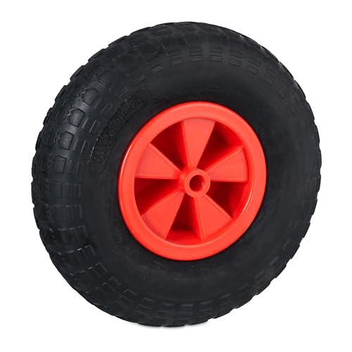 Relaxdays Rueda de Carretilla de Goma Maciza, 3.50-6, Llanta Plástica, Carga hasta 100 kg, Antipinchazos, Negro y Rojo