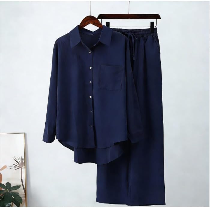 Women Casual Solid Color Two Piece Set Loose Fit Pants Outfit