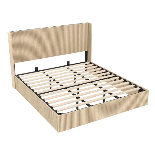 Image of Ball & Cast King Size Lift Up Storage Bed Frame with Wingback Headboard,Wooden Grooved Undulating Platform Bed Frame King with Hydraulic Storage,No Box Spring Needed,Oak