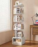 Kalrin 5 Tier Rotating Bookshelf with Extra Storage Cabinet, 360°Spinning Corner Bookshelf, Floor Standing Bookcase for Kids & Adult, Narrow Book Shelf for Bedroom Living Room,Pure White