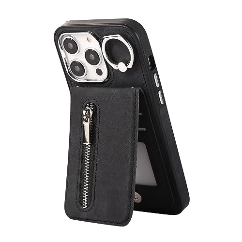 Portefeuille iPhone 12 fermeture éclair coque cordon amovible noir
