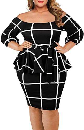 VINKKE Women s Plus Size Off Shoulder Peplum Dress Checked Bodycon Party Dress,Black,XXXXL