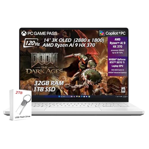 Image of ASUS ROG Zephyrus G14 14 inch 3K OLED 120Hz Copilot+ PC Gaming Laptop, AMD Ryzen AI 9 HX 370, NVIDIA GeForce RTX 5070Ti, 32GB RAM 1TB SSD Wi-Fi7, Backlit KB, Win11, Platinum White, 2TB USB Drive, W /GaLiMu