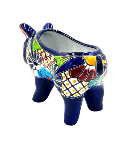 Cactus-Canyon-Ceramics-PUERCUITO-Pig-Mexican-Talavera-Planter-Pot-5-D-x-13-W-x-9-H-Hand-Painted-Dark-Blue-Trim-Mexican-Decor-Planter-Piglet