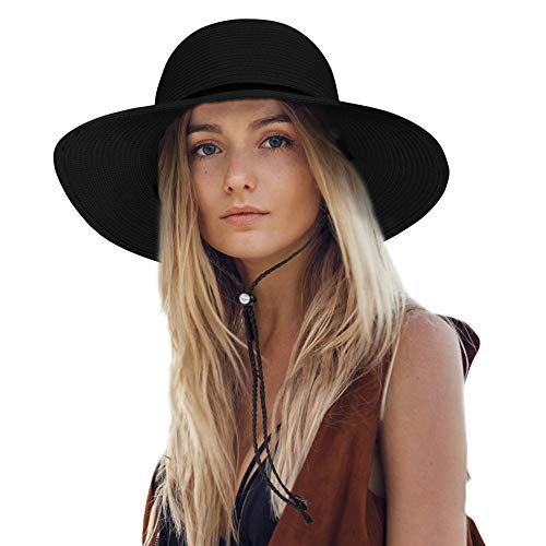Chalier Womens Beach Hat, Foldable Beach Hats for Women, UV Protection Sunhat Womens with Wind Lanyard, Black