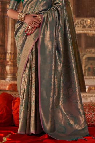 Image of SWORNOF Women's Silk Kanjivaram Kanchipuram Saree With Blouse Piece