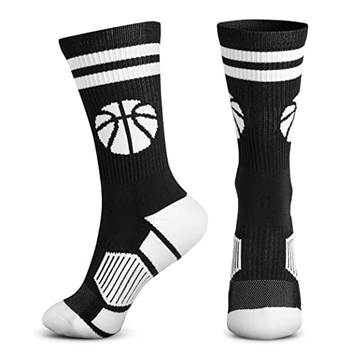 ChalkTalkSPORTS Basketball Woven Mid-Calf Socks | Classic Stripe & Ball | Black & White