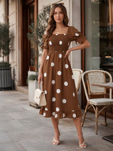 Image of Leriya Fashion Dress for Women | Western Square Neck One Piece Dress for Woman midi | Casual Summer Dresses for Beach & Polka dots Stylish Party Outifits Puff Sleeve