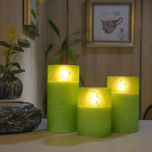 Image of Green Flameless Candles With Remote LED Flickering Pillar Candles Set of 3 | Realistic Flickering Flame Timer Brightness Control Battery Operated LED Candles for Halloween Christmas Holiday & Home Decor