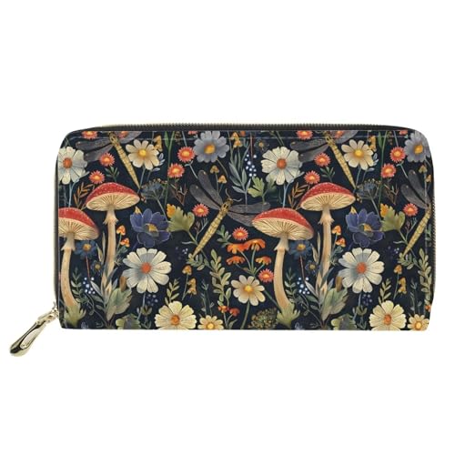 Snilety Modische Damen-Geldbörse mit umlaufendem Reißverschluss, aus PU-Kunststoff, Handy-Clutch, Reisekartenhalter, Dargonfly Pilz Gänseblümchen, Large