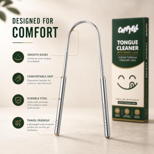 Image of Stainless Steel Tongue Cleaner (3 pieces, 2 U-shaped and 1 single handle) with Travel Case | Rustproof Tongue Scraper for Fresh Breath, Bad Breath Removal & Daily Oral Care for Men & Women