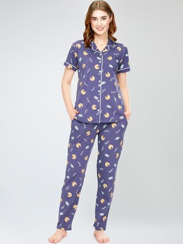 Image of ZEYO Night Suit for Women's Cookies & Cup Printed Cotton Night Dress of Shirt and Pajama Set 5752