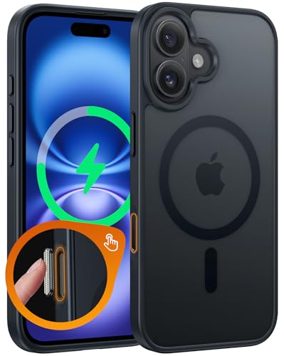 Image of FNTCASE for iPhone 16 Plus Phone Case: Magnetic Translucent Matte Shockproof Slim Cell Phone Cover - Military Grade Drop Proof Hard Back Anti-Fingerprint Protective Case - Black-T