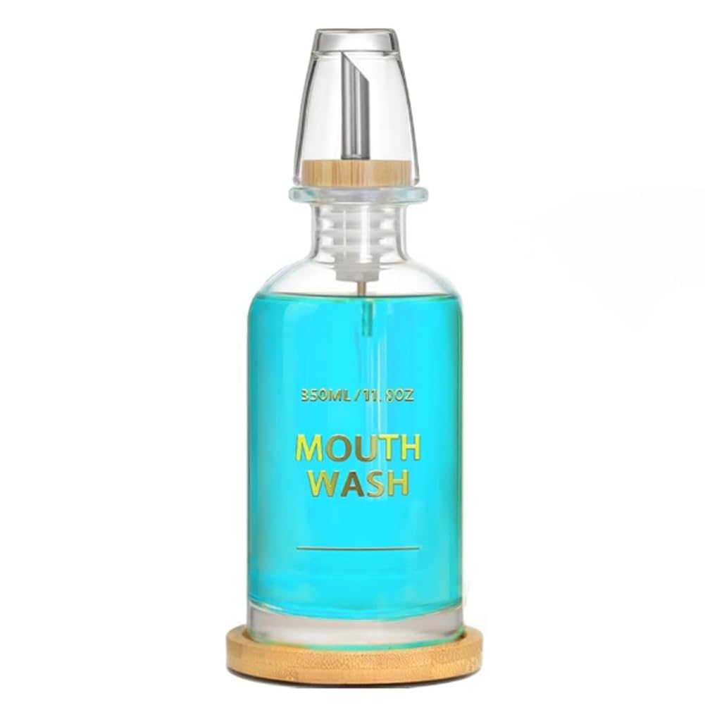 UDSKNV[KSL Glass Mouthwash Bottle 11.8 Oz Mouthwash Dispenser for Bathroom with Bamboo Tray, Gold Hot-Stamped Lettering
