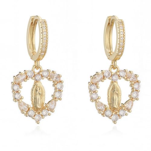 Pendientes Virgen De - Pendientes para mujer, chapados en cobre con cesta de flores doradas, joyería católica virgen, Corazón, One Size Pendientes Virgen De - Pendientes para mujer, chapados en cobre con cesta de flores doradas, joyería católica virgen, Corazón, One Size
