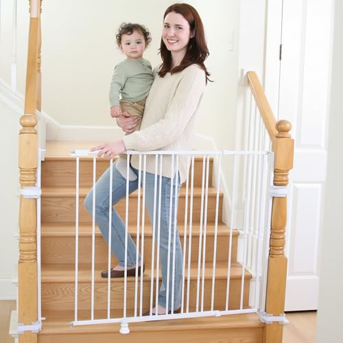 Image of Regalo Safety 35" Extra Tall Baby Gate for Stairs, Wall Mounted 2-in-1 Wide Stair Gate for Babies, Toddlers, & Pets, Includes Banister and Wall Mounting Kit, White