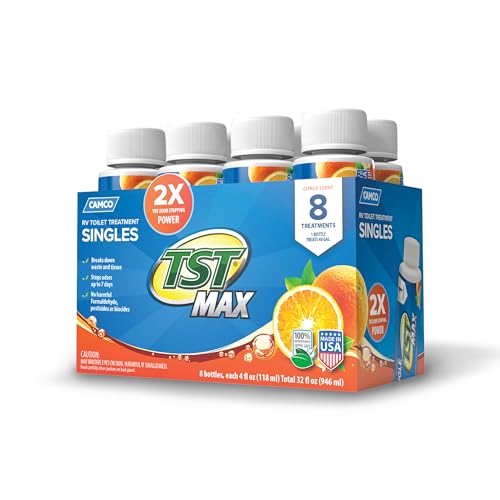 Camco TST MAX RV Toilet Treatment - Formaldehyde Free - Breaks Down Waste And Tissue - Septic Tank Safe - Treats up to 8-40 Gallon Holding Tanks -Orange Scent (8) 4 oz Bottles (41191)