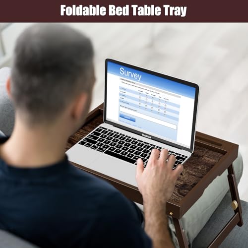 Image of Adjustable Bamboo Bed Tray Table with Device Stand, Large | Adjustable FSC-certified bamboo bed tray with telescopic legs and removable device stand for meals, laptops and reading.
