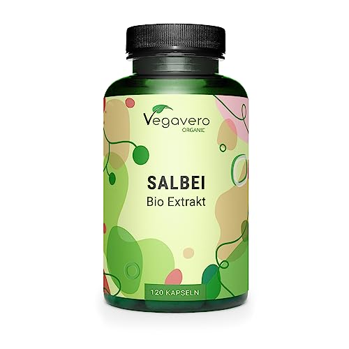 BIO SALBEI kapsle Vegavero ® | s 1% kyselinou rozmarýnovou | 500 mg šalvěje extraktu v jedné kapsli | bio kvalita z Francie | silné pocení | návaly horka menopauza | 120 kapslí | veganské