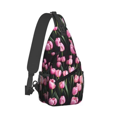 Bolso cruzado rosa con estampado de tulipanes para senderismo miniatura 2
