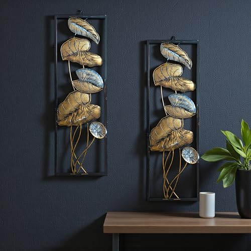 iHandikart 2-Piece Metal Wall Art Set | 36x12 Inch Vertical Framed Lotus/Lily Pad Design | Modern Handcrafted Gold & Blue Sculpture for Living Room, Bedroom, and Office Decor