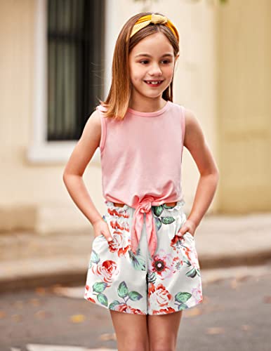 Arshiner Girl's 2 Piece Outfits Summer Tie Knot Tank Top and Paperbag Waist Pocketed Short Sets