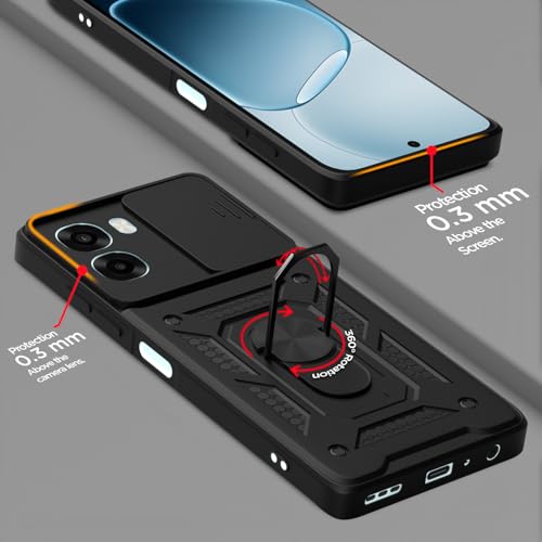 Image of Pikkme Back Cover for Oppo A6X 5G | 360 Protection Case | Sliding Camera Shield Cover & Ring Holder Stand D10 Tough Armor Bumper Case (Black)