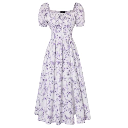 Scarlet Darkness Women's Floral Corset Dress with Split 2026 Summer Spring Square Neck Midi Milkmaid Dresses White Purple Vine Floral L
