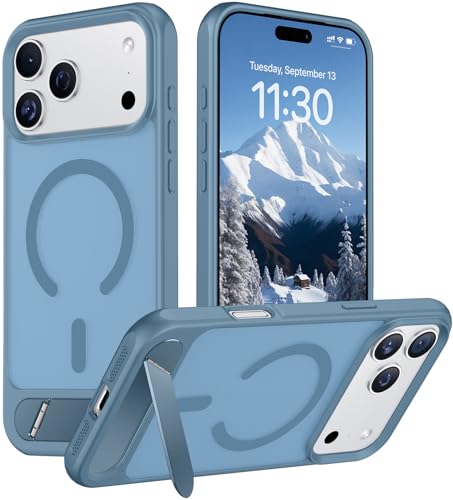 Image of Designed for iPhone 17 Pro Max Case, [Built-in Invisible Kickstand][Compatible with MagSafe][Military Grade Shockproof] Slim Translucent Matte Phone Case 6.9 inch (Light Blue)